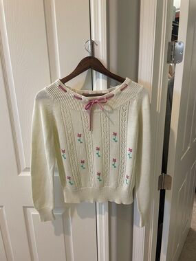 Bradley vintage Cream Knit Sweater with Pink Flower Embroidery